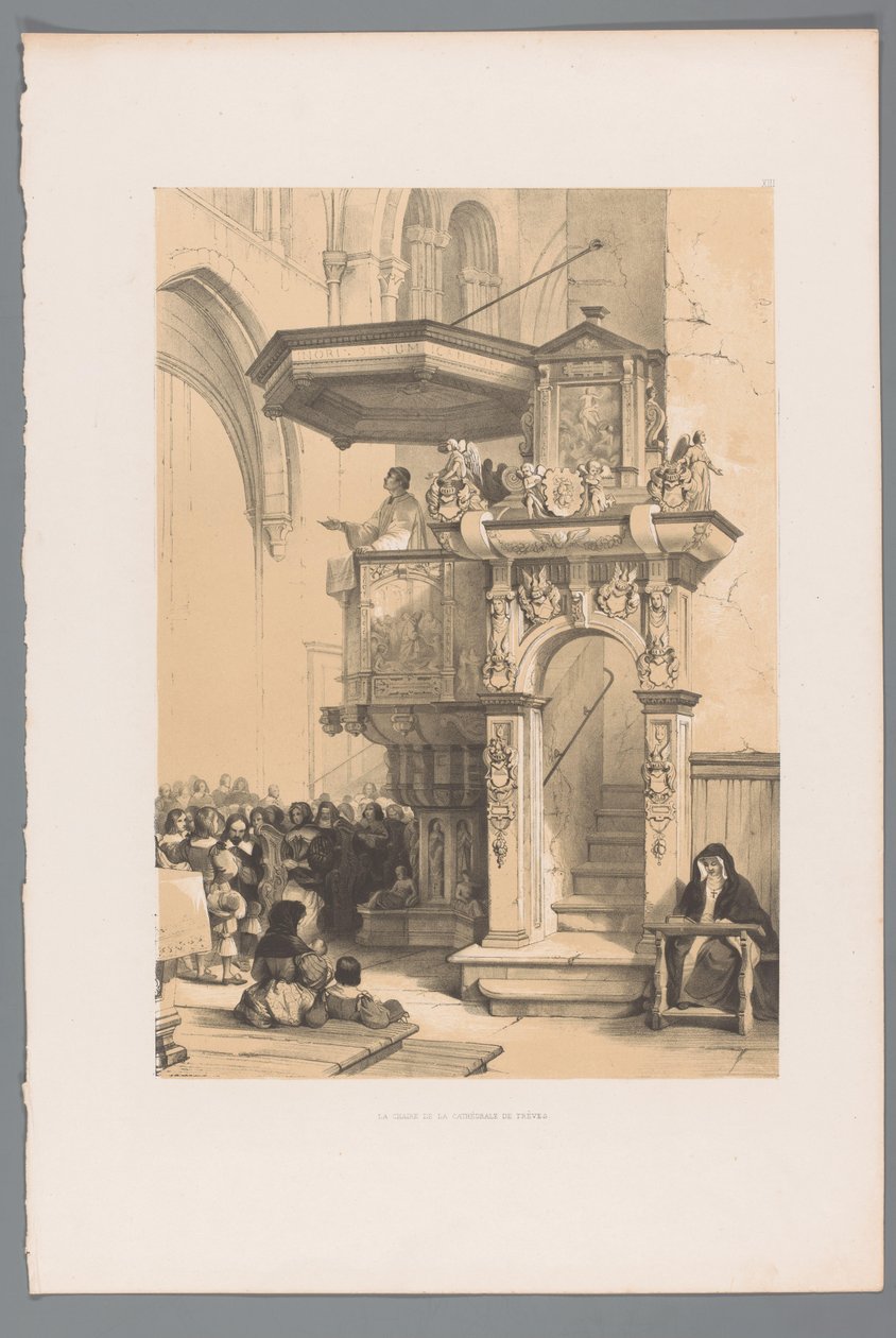 Präst talar till en folkmassa från predikstolen i Trier domkyrka La chaire de la Cathédrale de Trèves (titel på objekt) av Louis Haghe