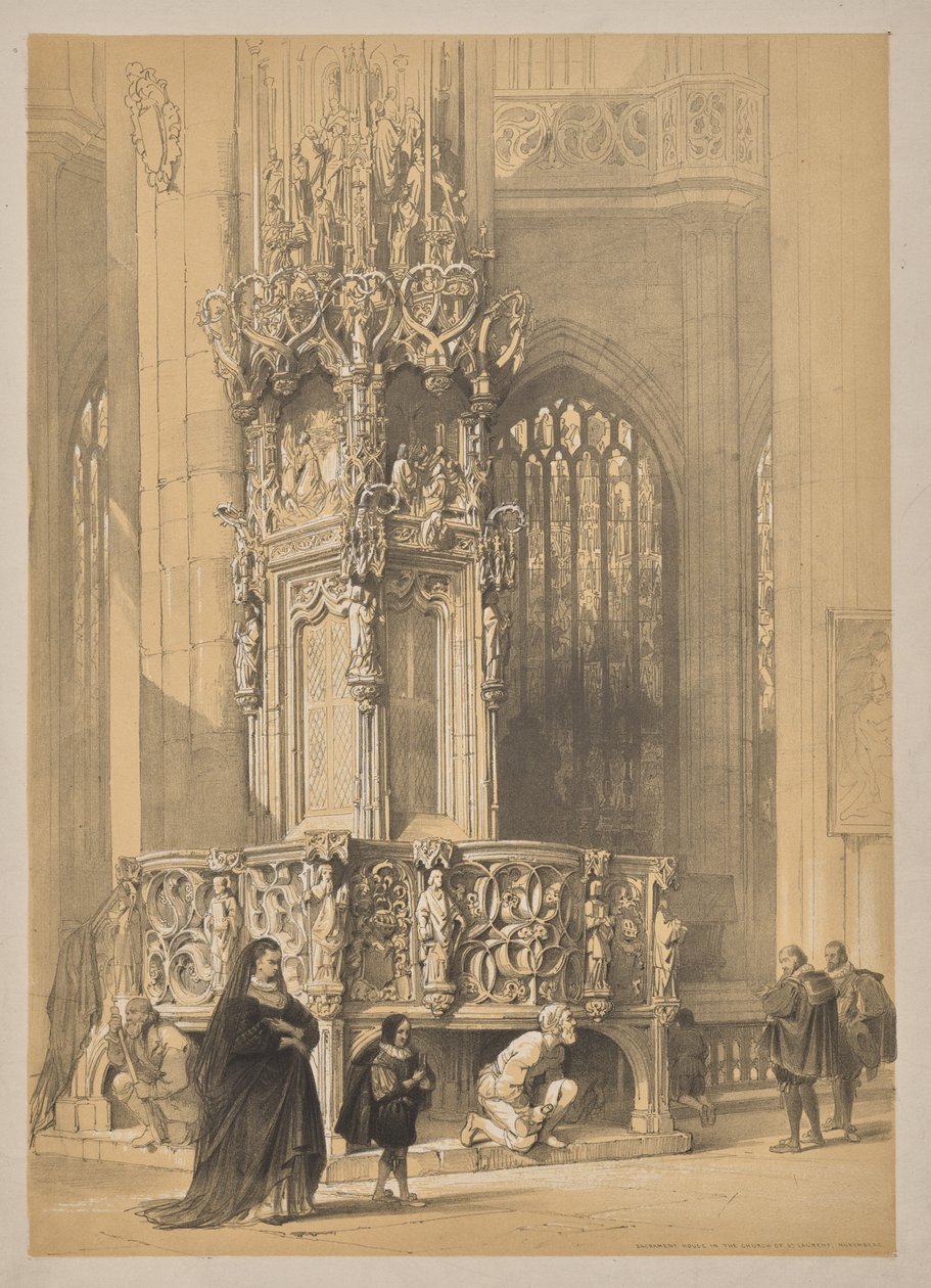 Skisser i Belgien och Tyskland, första serien, sakramentshuset i St. Laurent-kyrkan, Nürnberg av Louis Haghe