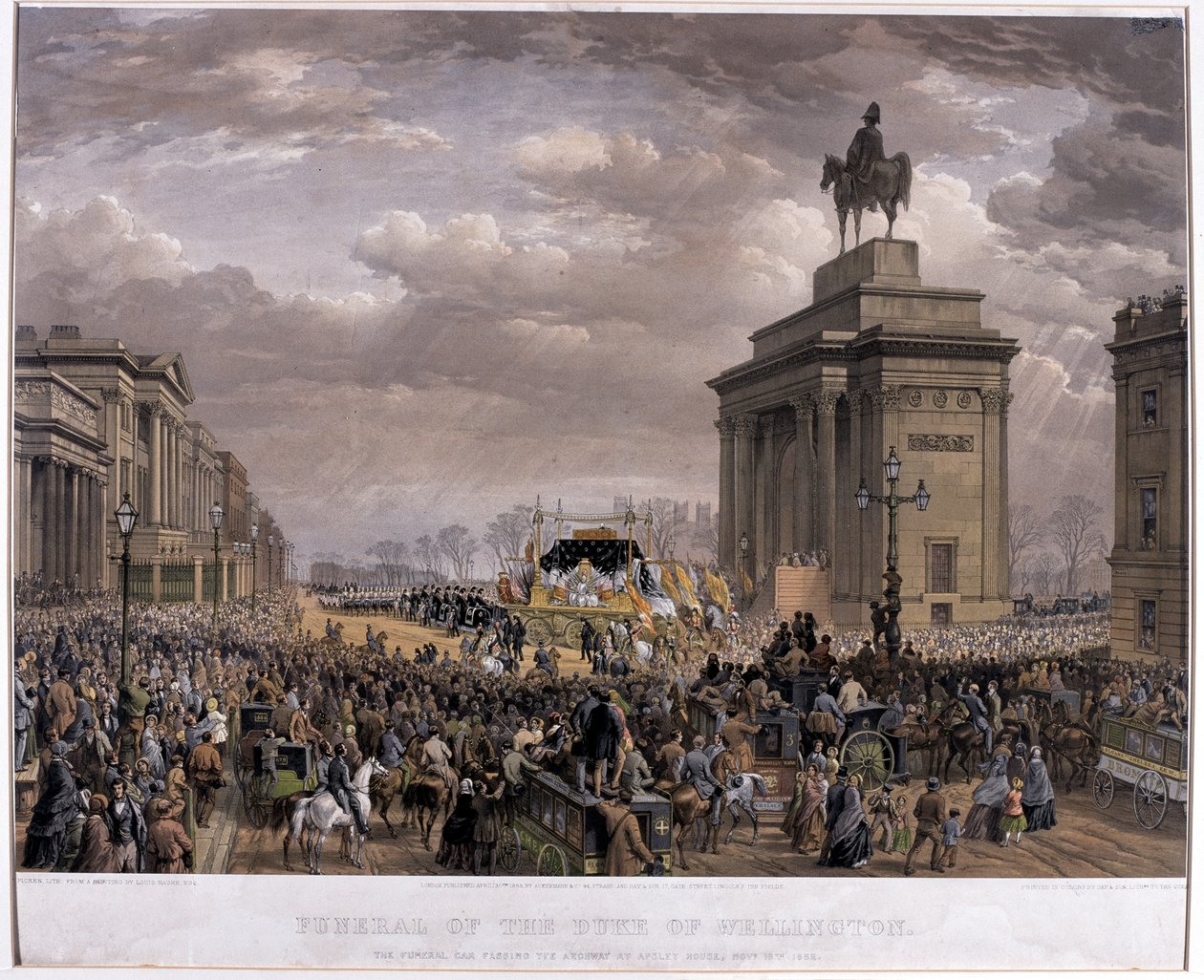 Hertigen av Wellingtons (1769-1852) begravningsbil passerade Archway vid Apsley House den 18 november 1852, 1853 av Louis Haghe
