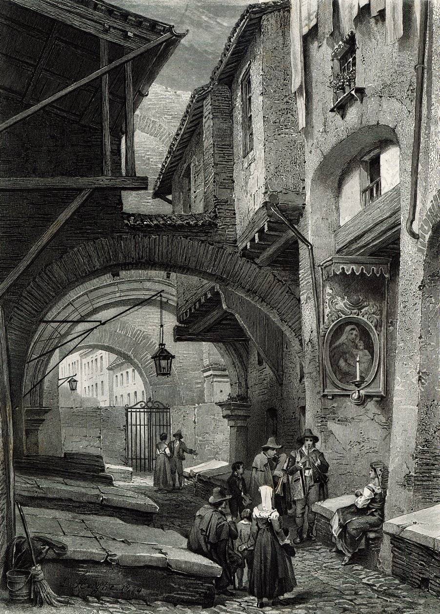 Ghettot, Rom, graverat av S.V. Hunt, Cassell und Company, 1847 av Louis Haghe