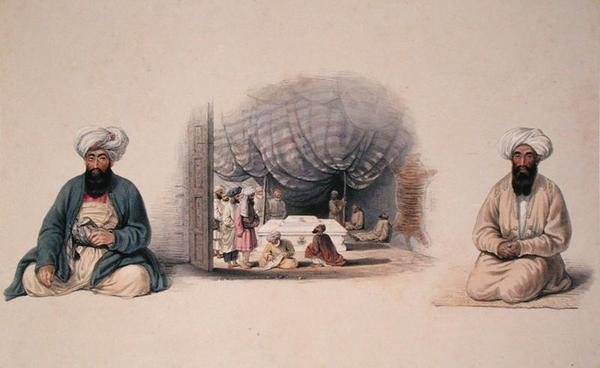 Khan Shereen Khan och Hagee Khan Kaiker flankerar en interiörvy av Dost Mohameds grav, från Characters and Costumes of Afghuanistan