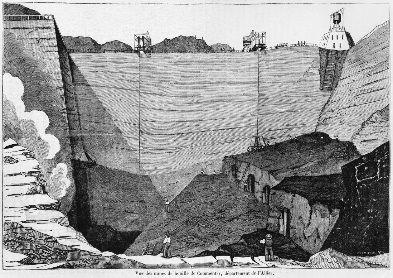Kolgruvan vid Commentry, illustration från Le Magasin Pittoresque, 1835 (bw-foto) av Louis Henri Brévière
