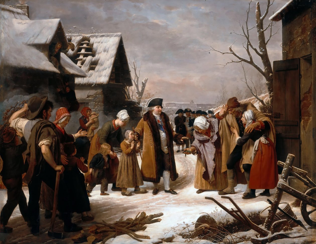Ludvig XVI delar ut allmosor till de fattiga i Versailles under vintern 1788 av Louise Marie Jeanne Hersent
