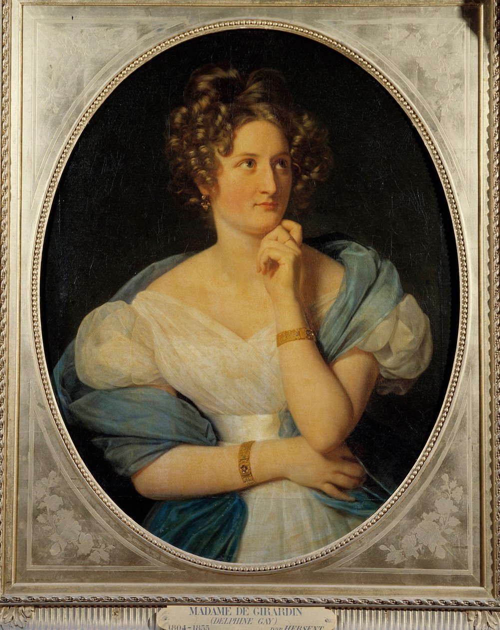 Porträtt av den franska författaren Delphine Gay (1804-1855), Madame Emile de Girardin. Hennes pennnamn är Viscount Charles de Delaunay. Målning av Louis Hersent (1777-1860) 1824 sön. 0,92 x 0,72 m av Louis Hersent