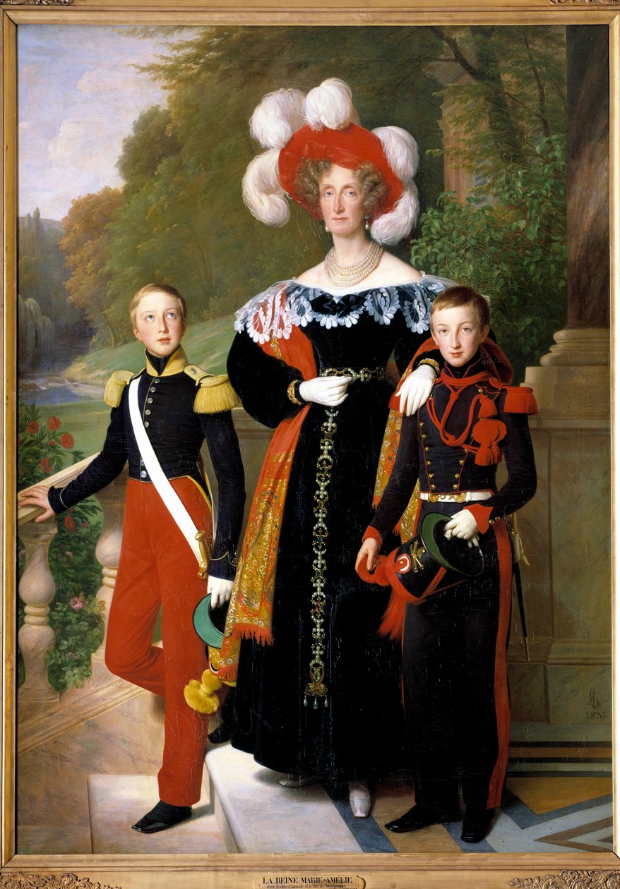 Drottning Marie-Amelie och två av hennes söner, hertigen av Aumale i uniform som soldat av det lätta infanteriet och hertigen av Montpensier i artilleriuniform, framför utsikten över parken vid slottet Neuilly ca 1833 av Louis Hersent