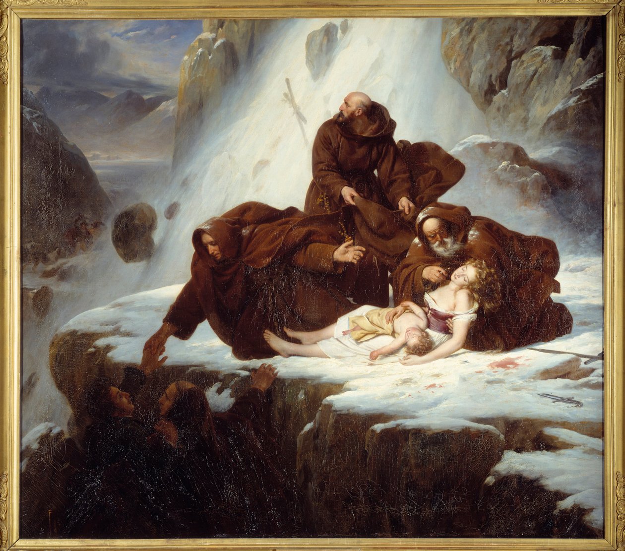 De religiösa på hospicet Saint Gotthard (San Gottardo) ger hjälp till familjer som drabbats av briganderna Målning av Louis Hersent (1777-1860) 1824 av Louis Hersent