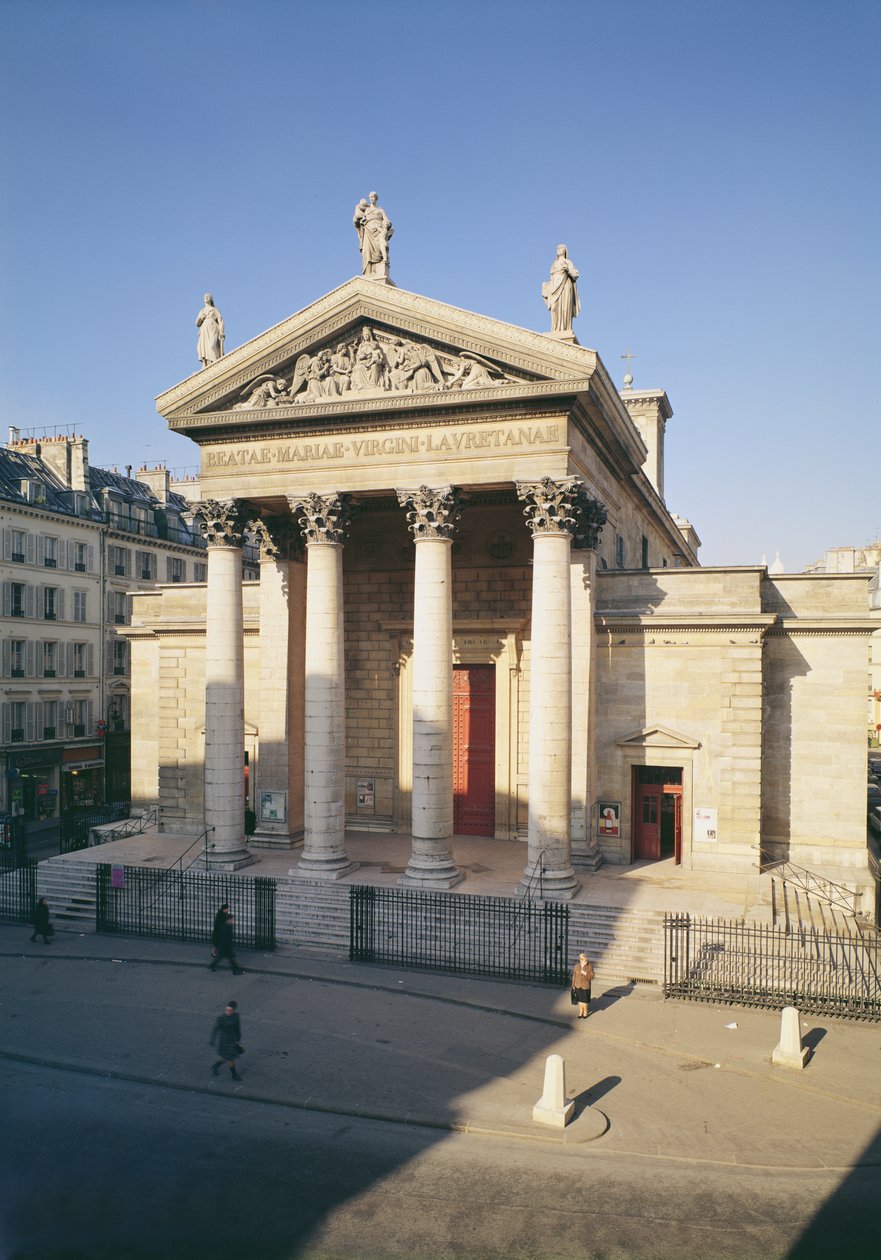 Fasad av kyrkan Notre-Dame de Lorette, byggd 1823-36 av Louis Hippolyte Lebas