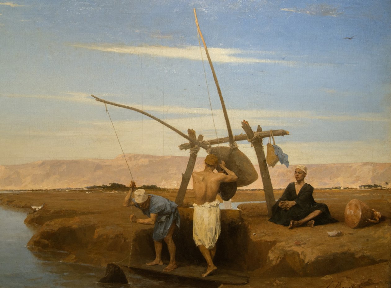 En Shadouf i övre Egypten (Olja på trä från 1874) av Louis Hippolyte Mouchot