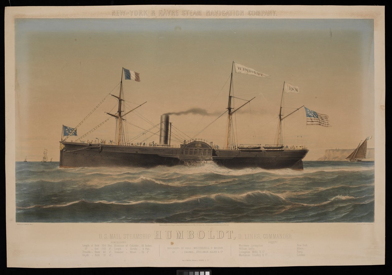 New York  Havre Steam Navigation Company U.S. Mail-ångfartyget Humboldt, D Lines, befälhavare av Louis Honore Gamain