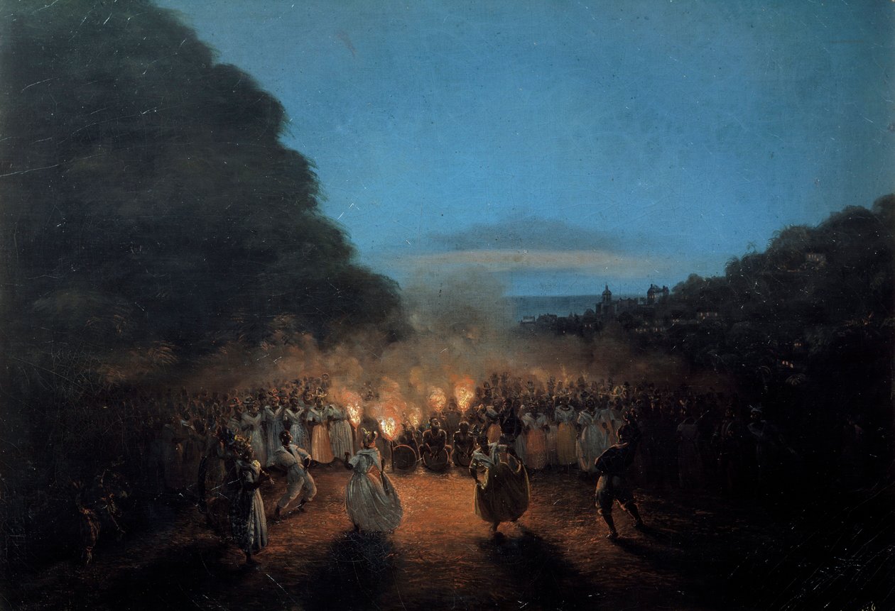 Bamboula dansar en gång bambu (eller pinnar) i Västindiens svarta slavdansscene i ljuset av facklor. Målning av Honore Gamain (1803-1871) 1800-talets La Rochelle, Museum of the New World av Louis Honore Gamain
