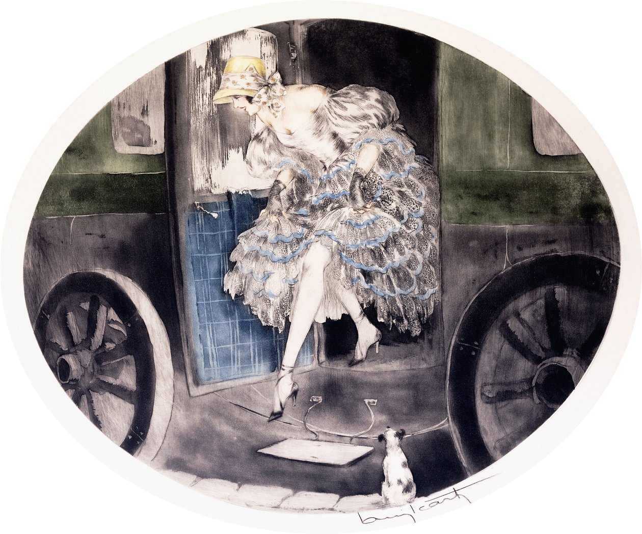 Avstigning från vagnen, ca 1920-1930-talet (etsning och akvatint) av Louis Icart
