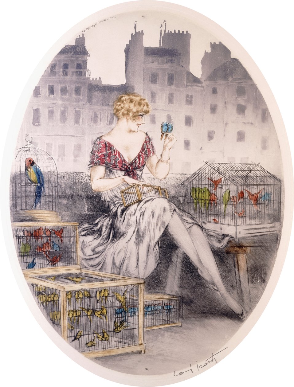 Flicka med undulater, ca 1920-30-talet (färgetsning) av Louis Icart