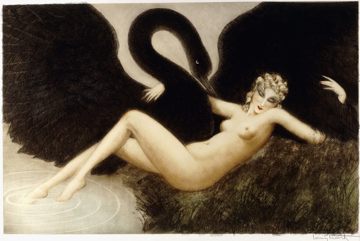 Leda och svanen, c.1934 (etsning och torrnål, tryckt i färg) av Louis Icart