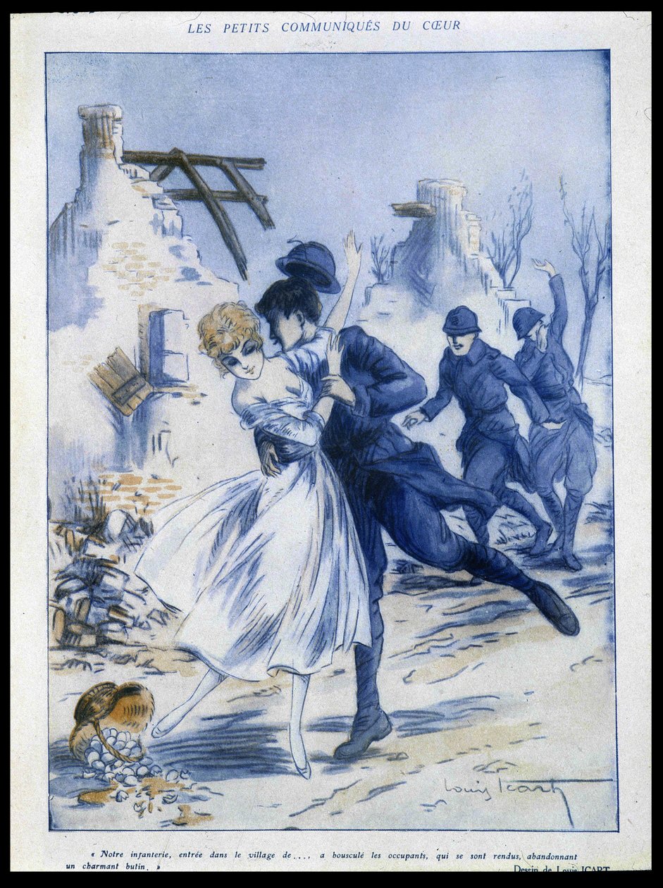 Soldater som kommer in i staden, en som kysser en kvinna, "" charmigt byte"", Illustration av Louis Icart (1888-1950) I "" Fantasio"" 1915-12-15 av Louis Icart