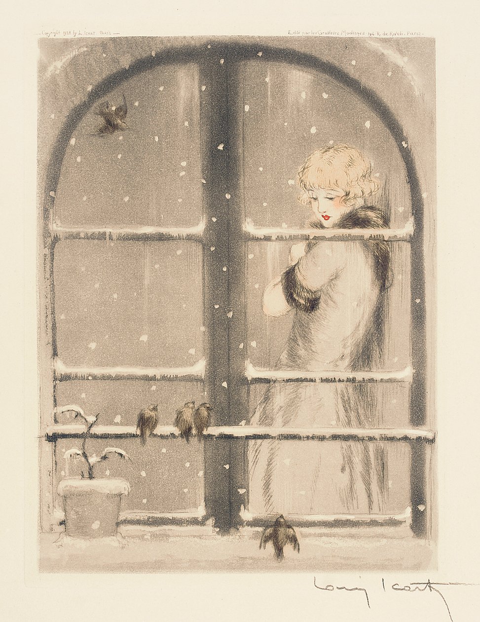 The Four Seasons: Winter, c.1928 (handfärgad torrnål och akvatint) (se även 745548-50) av Louis Icart