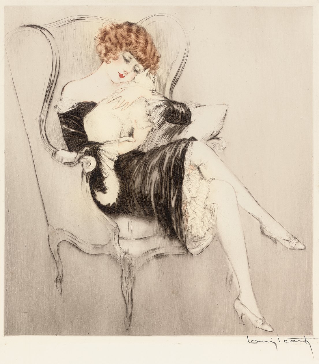 The Sleeping Cat (handfärgad etsning & akvatint) av Louis Icart