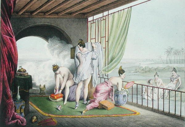 Badande vid deras toalett, publicerad 1824-27 (färg litho) av Louis Jacques Nicolas Schaal