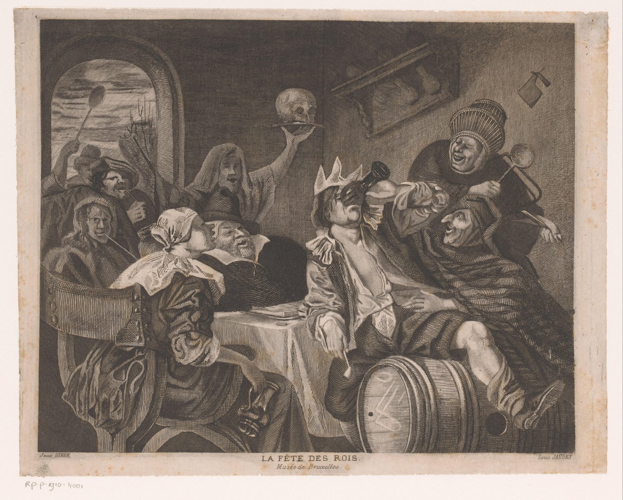 Festsällskap med en supande man med en krona La fete des rois (titel på objekt) Trettondagsfest av Louis Jaugey