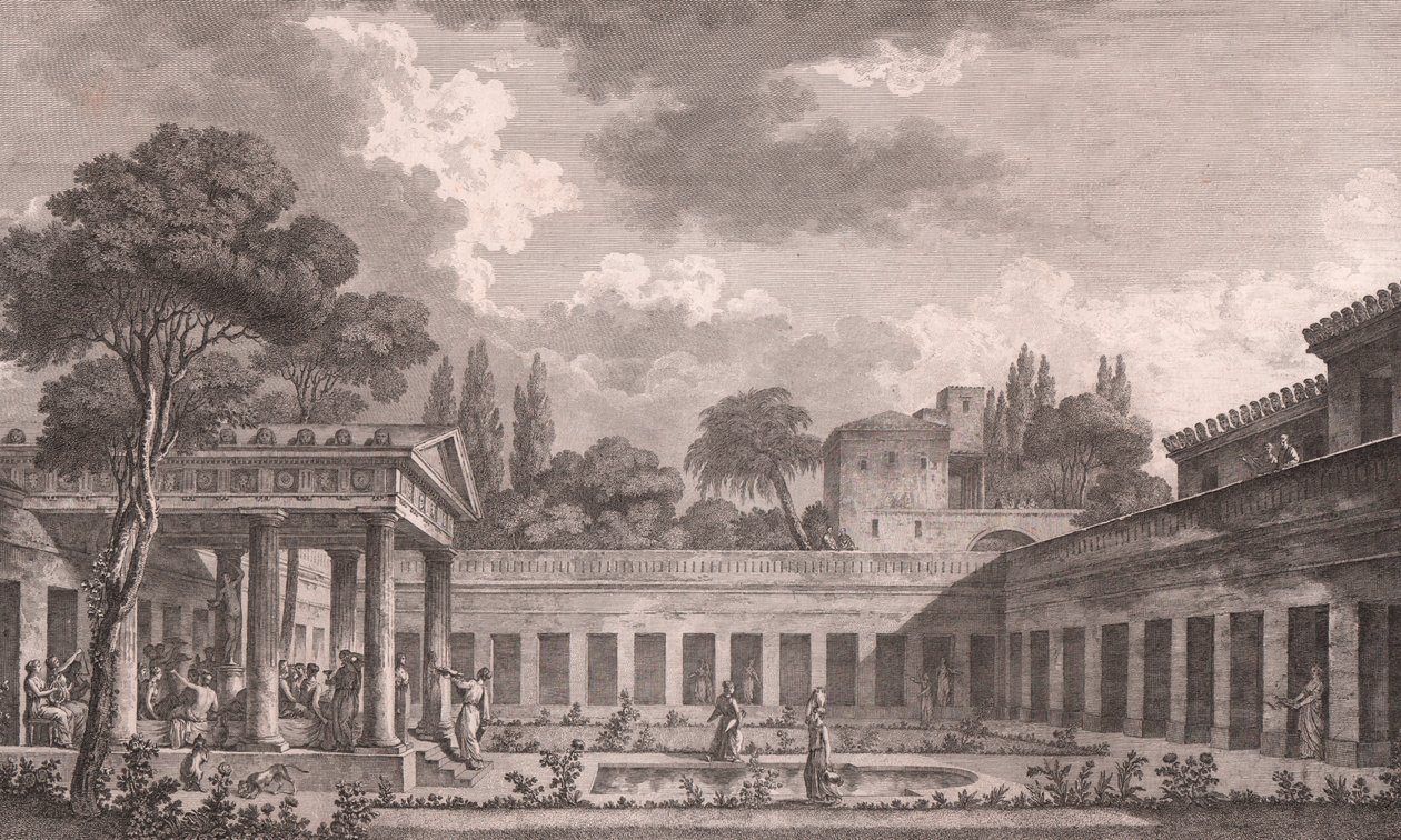 Idealisk rekonstruktion av Villa of Diomedes i Pompeji till dess ursprungliga skick före vulkanutbrottet av Vesuvius 79 AD, Kampanien, Italien, etsning efter teckning av Louis Jean Desprez (1743-1804), ca 21x34 cm av Louis Jean (after) Desprez