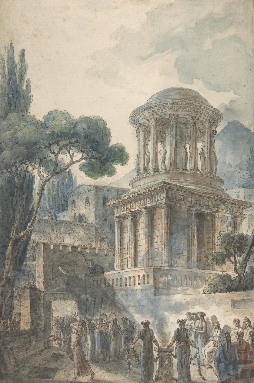 Forntida scen med en begravningsceremoni för en skådespelare, ca. 1777. av Louis Jean Desprez
