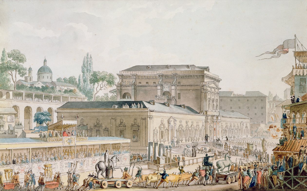 Fornsaker som hittades vid Herculaneum transporteras till Neapelmuseet, ca 1782 (penna, bläck och wc på papper) av Louis Jean Desprez