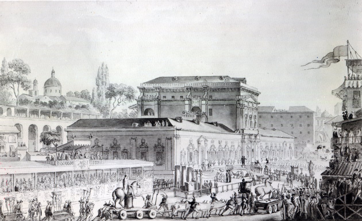 Fornsaker som hittades vid Herculaneum transporteras till Neapelmuseet, ca 1782 (penna, bläck och akvarell på papper) av Louis Jean Desprez