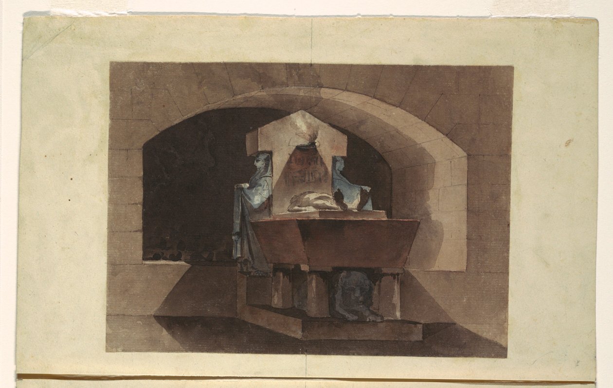 Teckning, gravkammare i egyptisk stil med karyatider och lejon, ca 1779-84 av Louis Jean Desprez