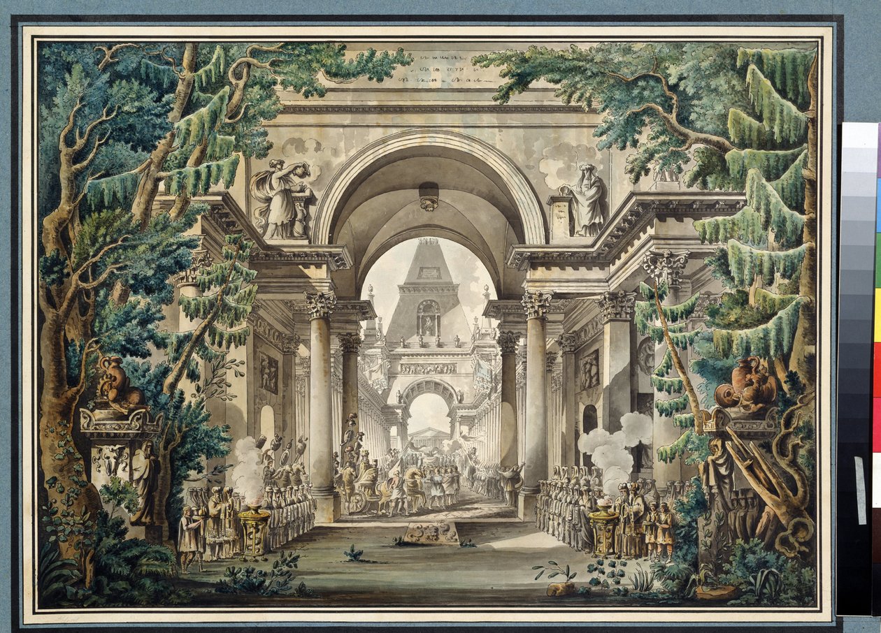 ""La procession au temple"" (Procession i ett tempel) Scenografi för en pjäs. Akvarell av Louis Jean Desprez (1743-1804) Pushkin-museet, Moskva av Louis Jean Desprez