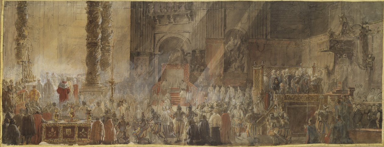 Kung Gustav III av Sverige (1746-1792) deltar i julmässa i Peterskyrkan i Vatikanen, 1783 - Kung Gustav III av Sverige närvarar i julmässa i Peterskyrkan i Vatikanen av Louis Jean Desprez