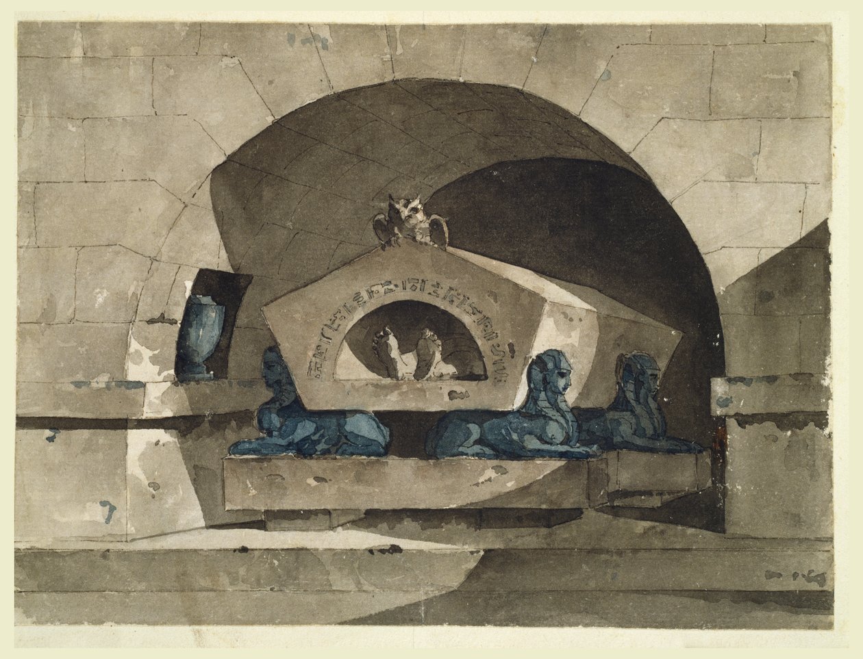 Grav i egyptisk stil med sfinxer och en uggla av Louis Jean Desprez