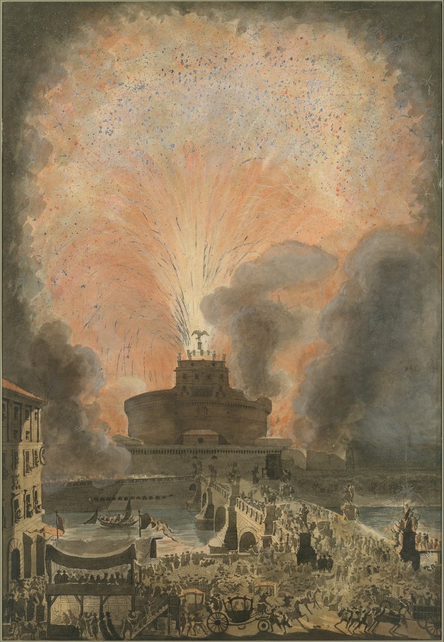 Girandola på Castel SantAngelo, ca 1781 (etsning med handfärgning) av Louis Jean Desprez