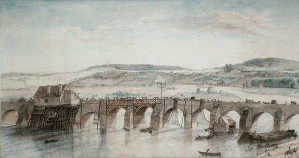 De två broarna (Saint-Cloud och Sevres) (penna och bläck och akvarell på papper) av Louis Jean Desprez