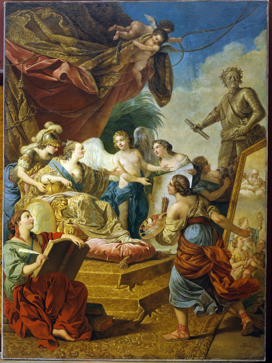 Kejsarinnan Elisabeth av Ryssland (Tsarina Elisabeth I Petrovna Romanov, känd som Clemente (1709-1762), konstens beskyddare. (kejsarinnan Elisabeth Petrovna som konstens beskyddare). Målning av Louis Jean Francois Lagrenee (1725-1805), olja på webben av Louis Jean Francois I Lagrenee