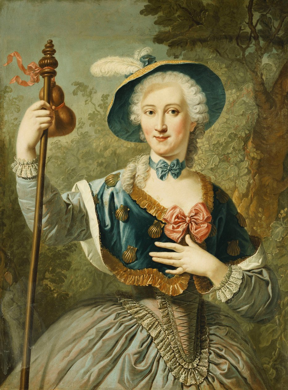 Porträtt av en dam, tre fjärdedels längd, klädd som en pilgrim och bärande en blåfodrad halmhatt och fjäder, 1747 av Louis Jean François Lagrenée
