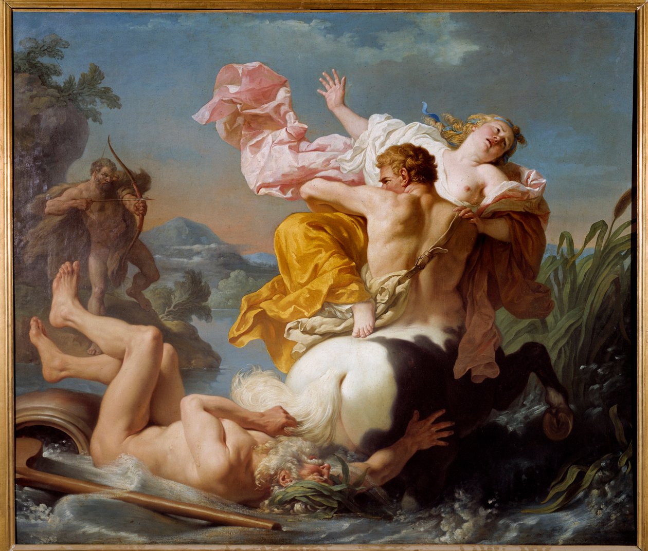 Bortförandet av Dejanire av kentauren av Nessus. Medan Heracles, tillsammans med sin fru Dejanire, försöker korsa Evenos, föreslår Nessos att ta hand om Dejanire. Herakles accepterade, men efter att ha korsat floden hörde han ropen från sin hustru av Louis Jean François Lagrenée