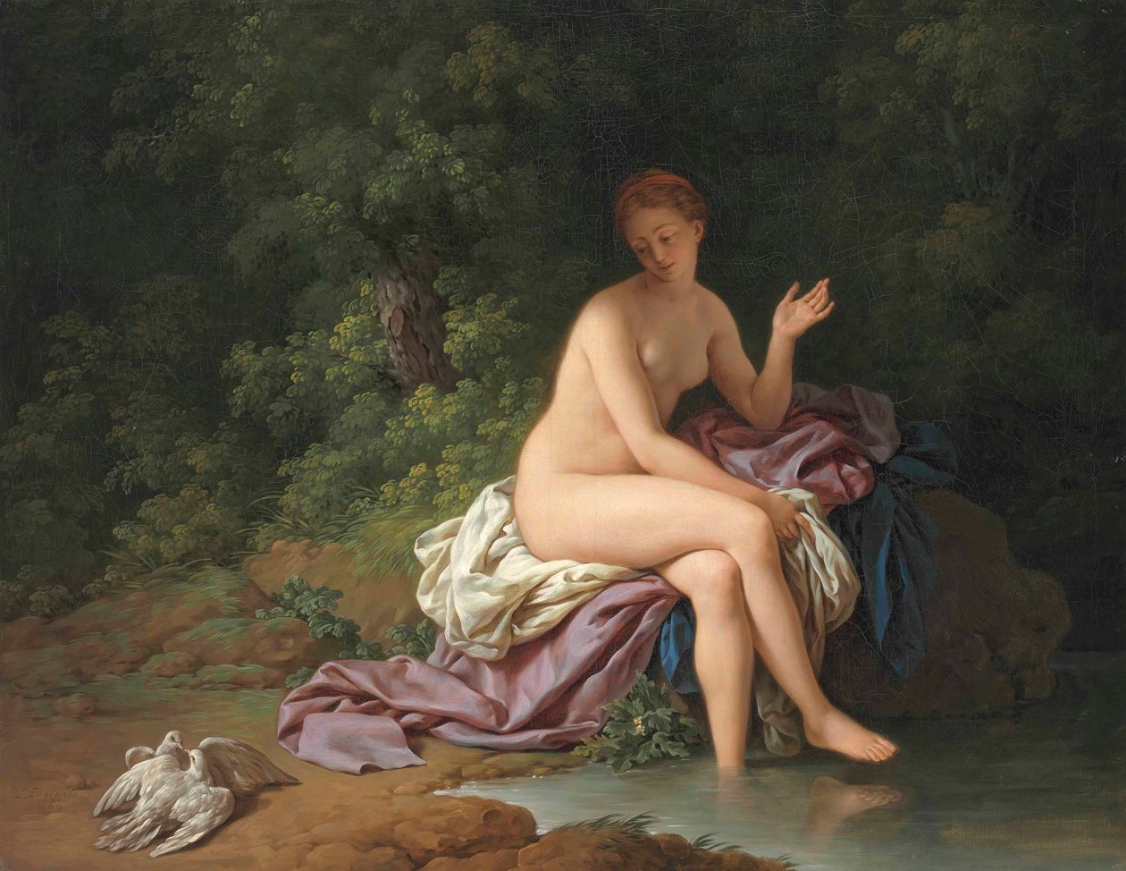 En dam badar vid en flod, med två turturduvor av Louis Jean François Lagrenée