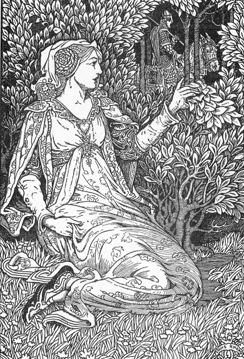 La belle Iseult (porträtt av Iseult (Isault)) Illustration av Louis Rhead (1858-1926) från "Kung Arthur och hans riddare"" 1923 Privat samling av Louis John Rhead