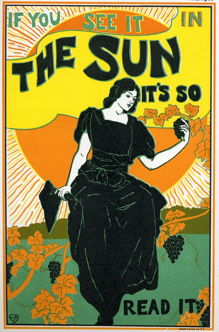 Litteratur. The Sun, tidning. Affisch av Louis Rhead, USA, ca 1890 (affisch) av Louis John Rhead