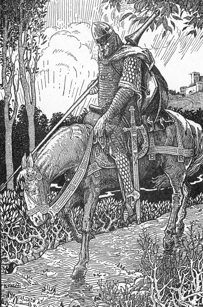 Mordred (Modred) sår efter slaget vid Camlann mot sin far kung Arthur (Mordred sårad efter slaget vid Camlann) Illustration av Louis Rhead (1858-1926) från "Kung Arthur och hans riddare" 1923 Privat samling av Louis John Rhead