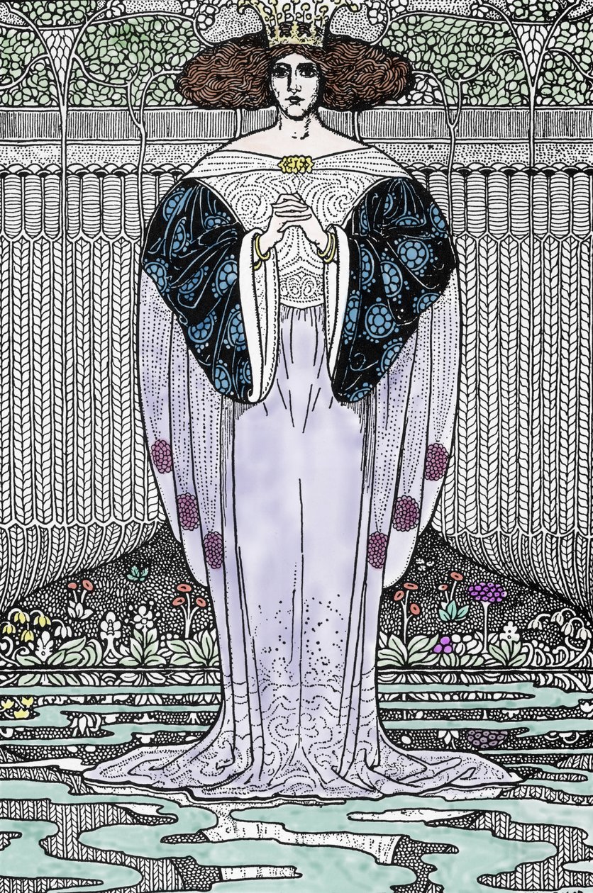 Representation of the Lady of the Lake (Nimue, Viviane) Illustration av Louis Rhead (1858-1926) för "Kung Arthur och hans riddare"" av Louis John Rhead