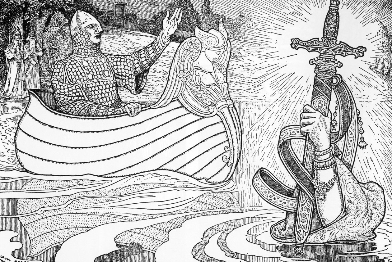 Representation av Lady of the Lake (fee viviane), karaktären hos Arthurlegenderna, som ger kung Arthur anten Excalibur (Arthurisk legend: Lady of the Lake (Nimue, Viviane) ger kung Arthur sitt svärd Excalibur) Illustration av Louis Rhead (1858) -1 av Louis John Rhead