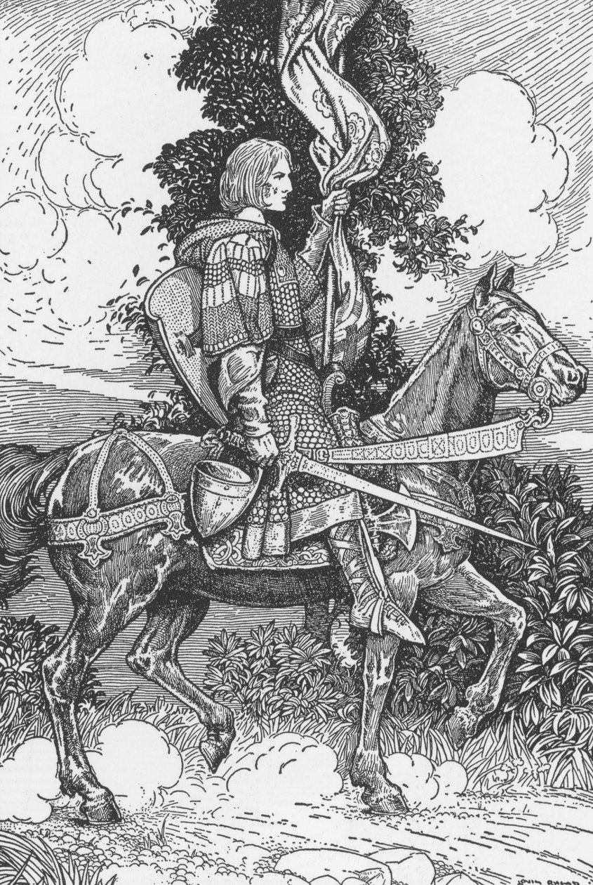Sir Tristam rider till slottet Tintagil Illustration av Louis Rhead (1858-1926) från "Kung Arthur och hans riddare" 1923 Privat samling av Louis John Rhead