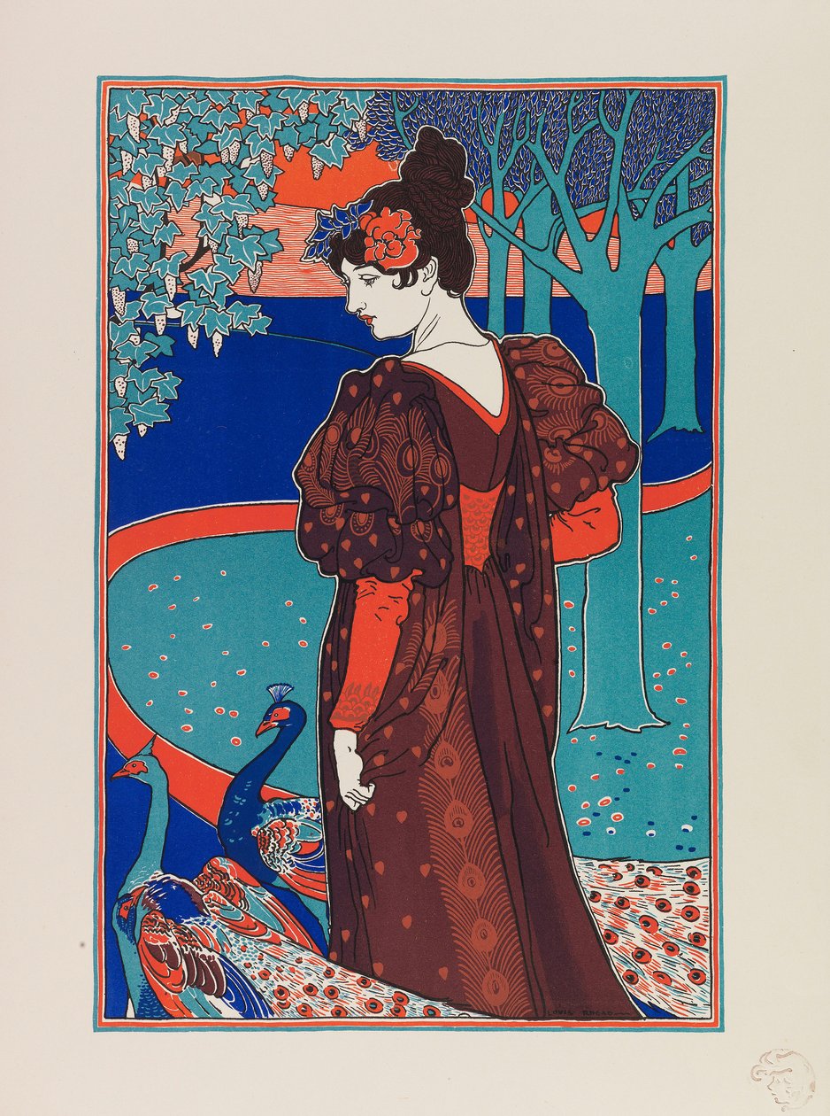 Kvinna med påfåglar, ca 1897. av Louis John Rhead