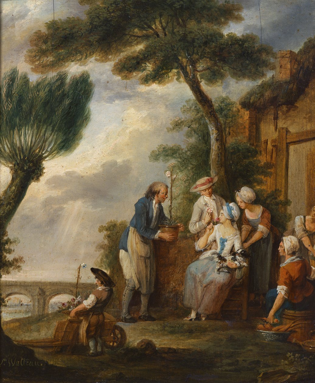 Trädgårdsmästaren eller förlovningen (olja på duk) av Louis Joseph (1731-98) Watteau