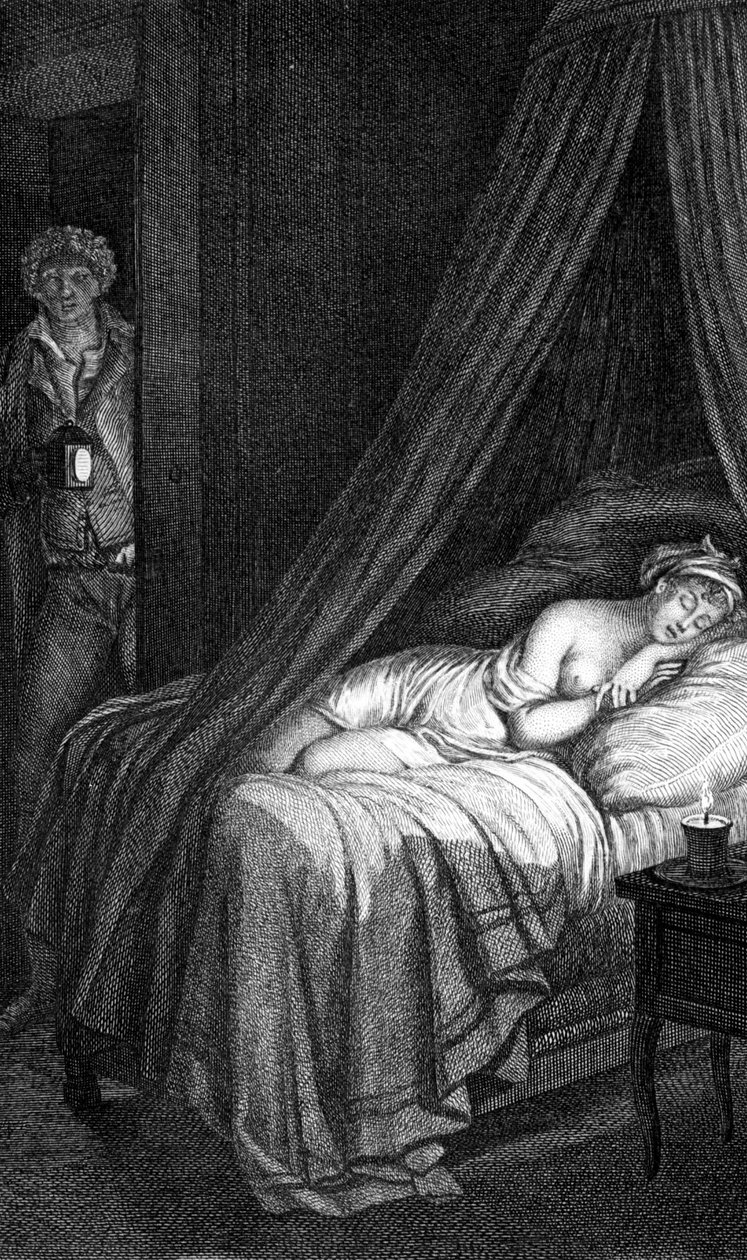 Farliga länkar av Choderlos de Laclos (brev 96). Valmont och Cecile de Volanges. Illustration graverad av Masquelier efter Mademoiselle Gérard. av Louis Joseph I Masquelier