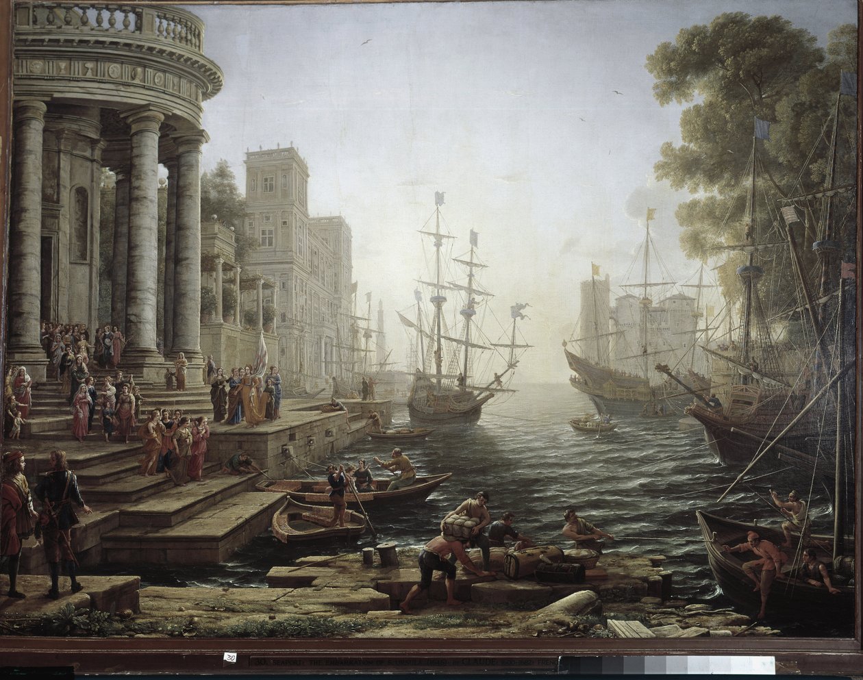 Havshamn med Saint Ursulas embarkering (olja på duk av Louis Joseph Le Lorrain