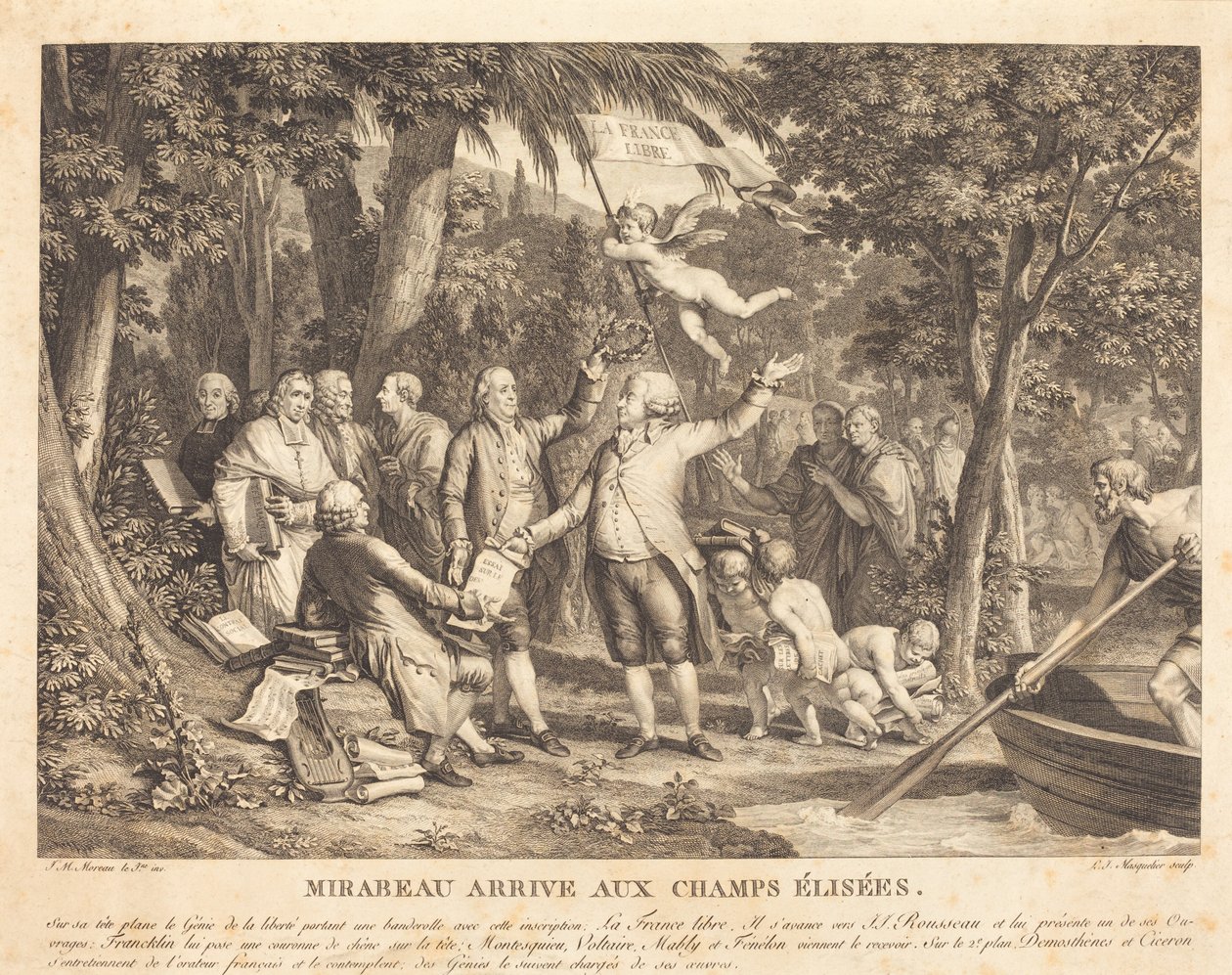 Mirabeau anländer till Champs-Élisés av Louis Joseph Masquelier after Jean Michel Moreau