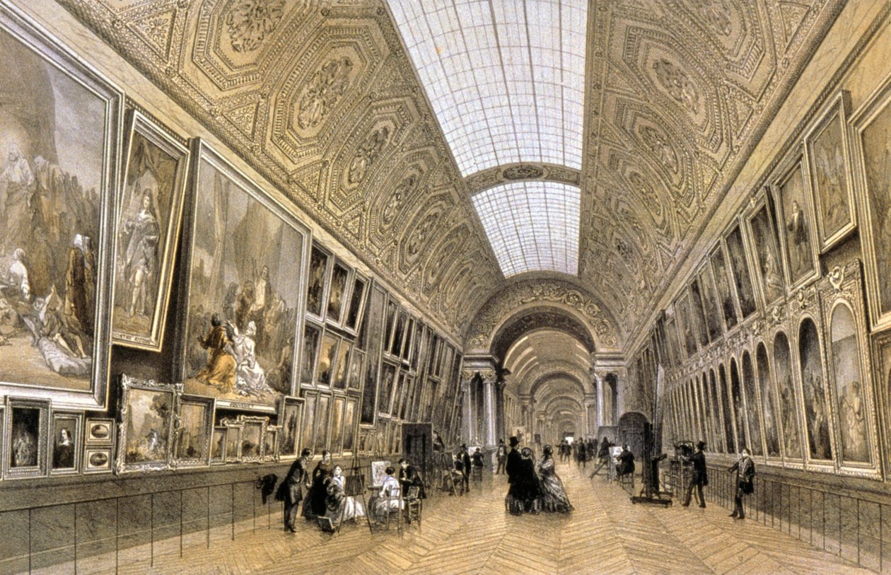 Grande Galerie, Louvren, ca 1850 (ritning) av Louis Jules (after) Arnout