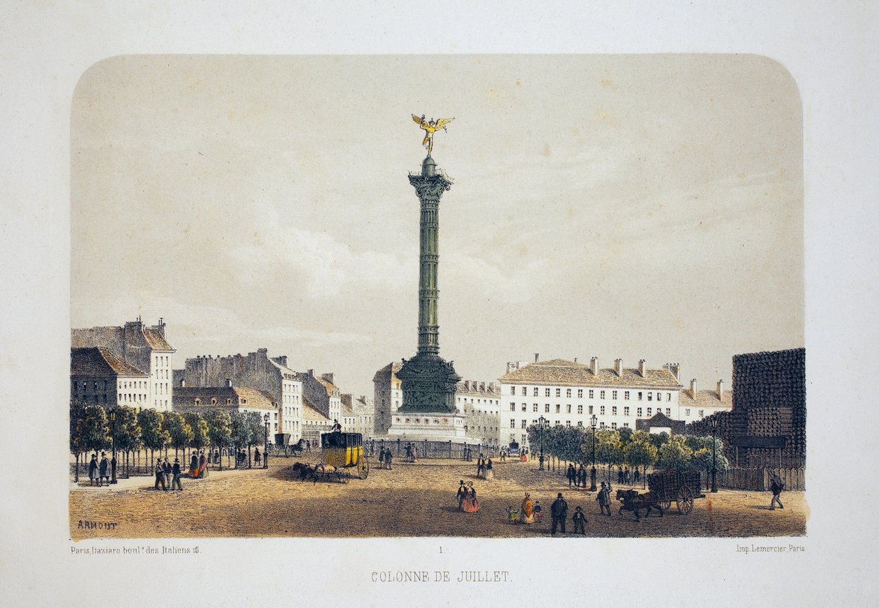 Column de July (Place de la Bastille), Paris. Litografi akvarell, illustration av Arnout, i "Album, souvenirs de Paris", Daziaro redaktör, Paris av Louis Jules Arnout