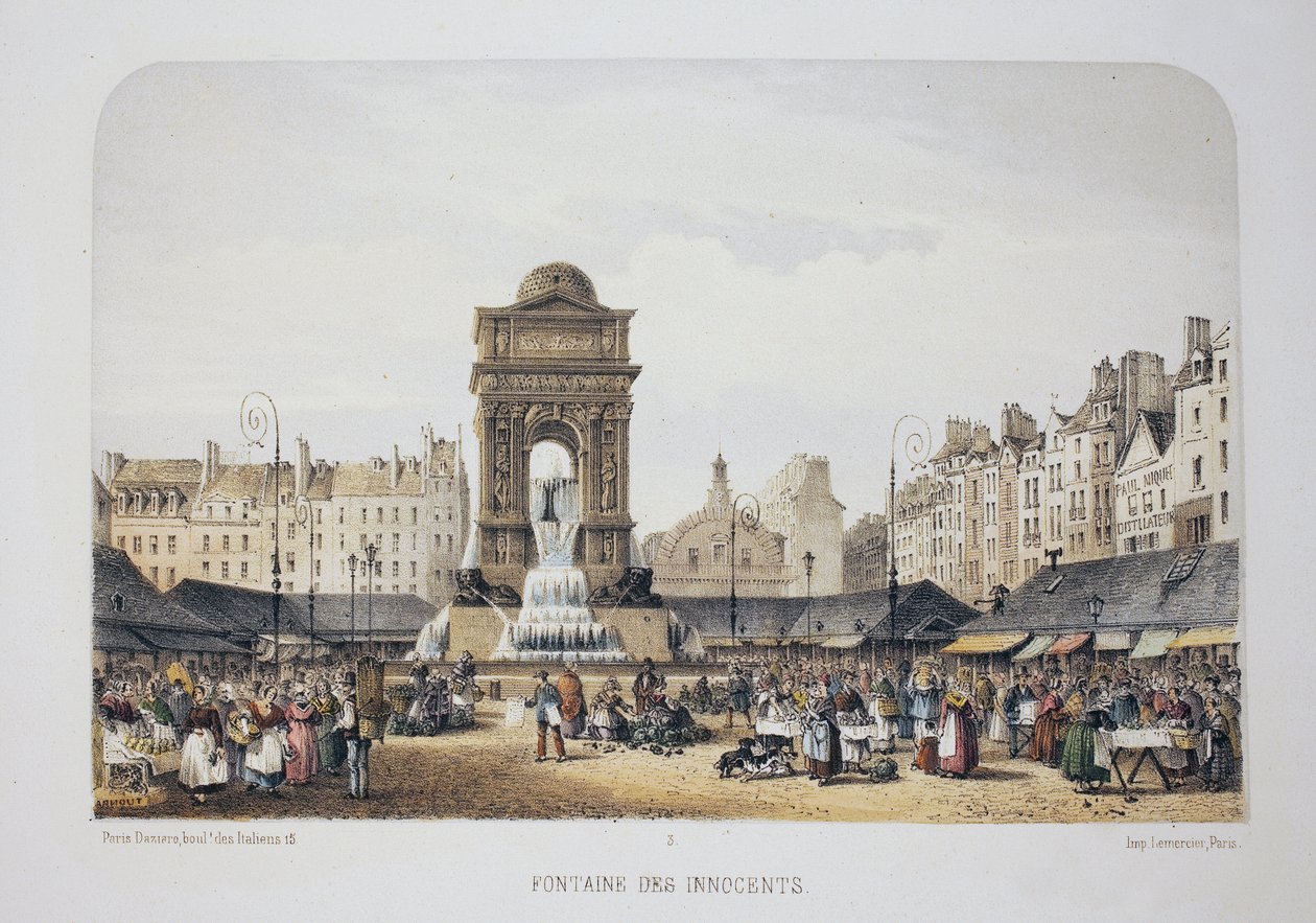 Fountain of the Innocents (Fountain of the Nymphs), Paris. Litografi akvarell, illustration av Arnout, i "Album, souvenirs de Paris", Daziaro redaktör, Paris av Louis Jules Arnout